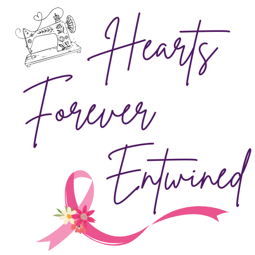 Decorative design with 'Hearts Forever Entwined' text, pink ribbon, and sewing machine illustration on a white background.